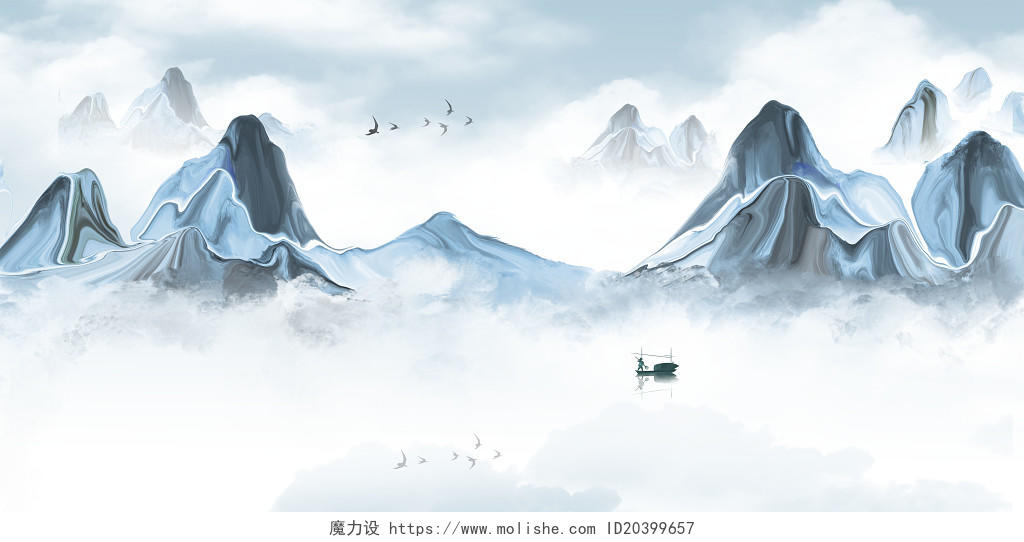 中国风蓝色意境山水画